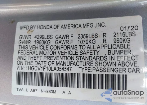 2020 Honda Accord Lx from USA, damaged, VIN 1HGCV1F10LA054547